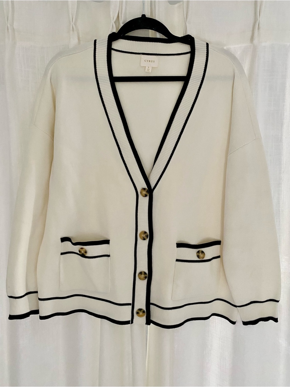 Cyrus Cream Cardigan with Black Trim and Tortoise Buttons